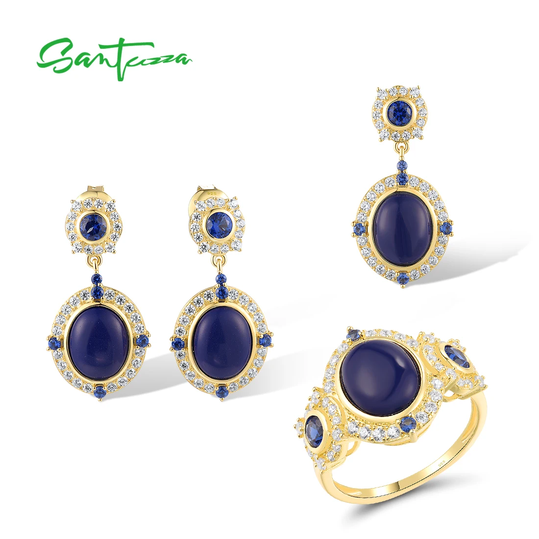 

SANTUZZA Jewelry Set 925 Sterling Silver For Women Blue White CZ Created Lapis Pendant Earrings Ring Delicate Fine Jewelry