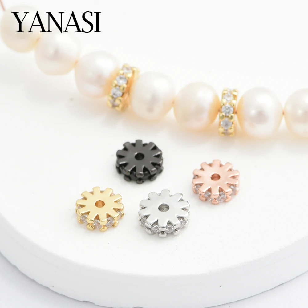 4PCS Gold/Rhodium Plated Brass Round Gear Spacer Beads Metal With Zircon For DIY Bracelet Necklace Jewelry Making Accessories