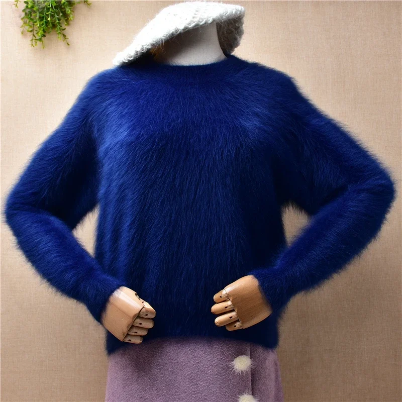 

04 Ladies Women Fall Winter Clothing Blue Hairy Mink Cashmere Knitted Long Sleeves Short Style Crop Top Loose Pullover Sweater