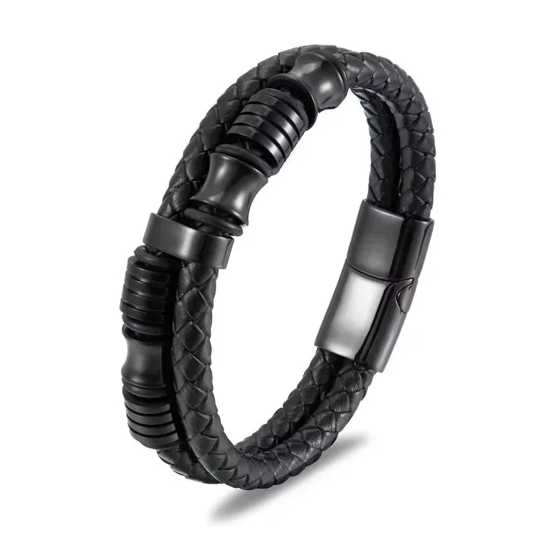 Classic Single Layer Black Hand Braided Leather Bracelet with Metal Magnetic Closure Men\\\'s Business Jewelry