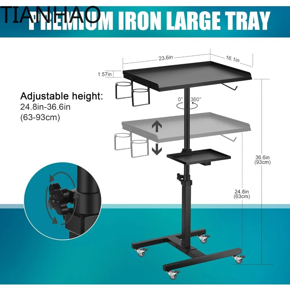Premium Large Double Tier Steel Rolling Workstation Table with 360 Degree Mute Universal Wheel for Tattoo Work,Beauty Salon Spa