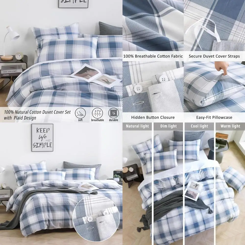 

Нейтральный комплект постельного белья из 100% хлопка, размер Queen, 3 предмета — классический клетчатый узор в стиле тартан с джинсово-синим, серо-голубым и белым цветами, винтажный комплект постельного белья