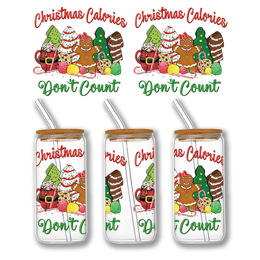 Desenhos animados de Natal UV DTF Cup Wraps, Transferências Adesivo, 16oz, Libbey Glass Can, DIY, Atacado