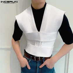 INCERUN Men Irregular Tank Tops Solid Color V Neck Sleeveless Male Vests Streetwear 2024 Fashion Casual Men Waistcoats S-5XL