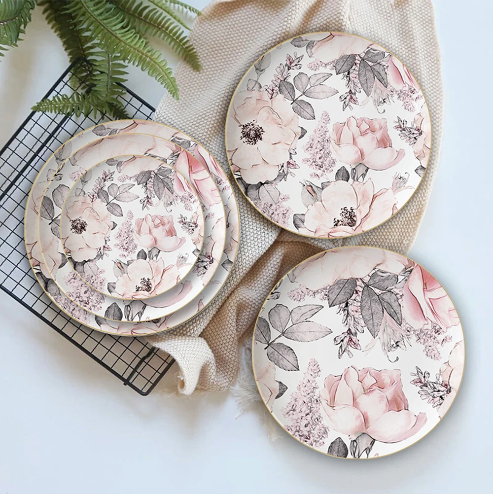 Large Pink Gold Edged Ceramic Plate Restaurant Household High Quality Bone Porcelain Dishes and Plates Sets