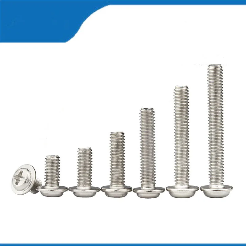 High Quality 50/100PCS  M4  M5  M6  304Stainless Steel Cross Pan Round Truss Head With Washer Padded Screw Bolt