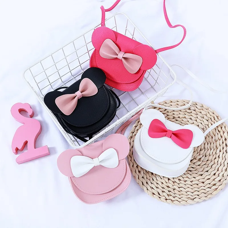 Mini bolsa de ombro elegante, bolsa rígida com orelhas de rato e laço, adequada para meninas, linda princesa K