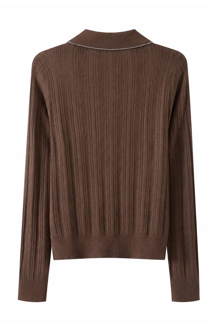 BY3621708 Damen-Strickjacke mit Polokragen, 100% Wolle, strukturiert, gerippt, lange Ärmel, Kragen mit Kettenverzierung, Kunstharzknöpfe, dezenter Luxus für den Herbst – Detail 17