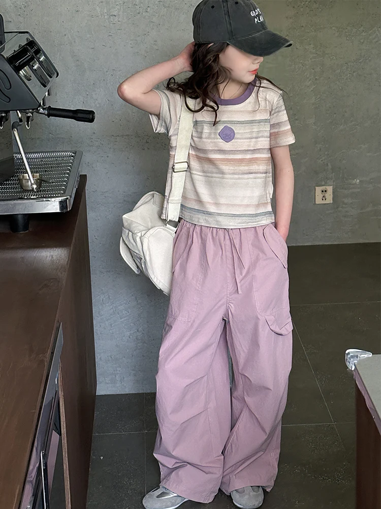 

Girls Summer ort Sve Outfit 2025 New Faion Middle School Student's Color Stripe T-irt Workwear Pants Two-Piece Set