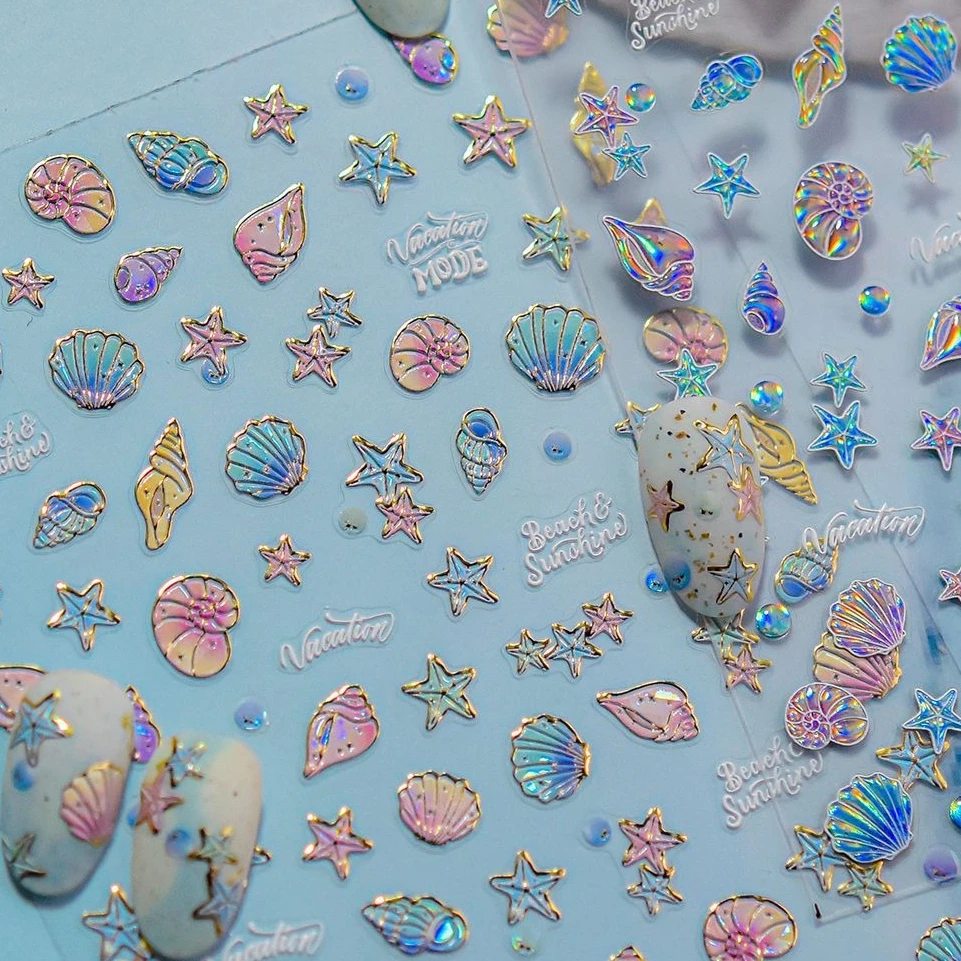 Concha marina colorida brillante, elementos del océano de estrella de mar, burbujas de agua, Concha de estrella, pegatinas subacuáticas para decoración de uñas, calcomanías para manicura
