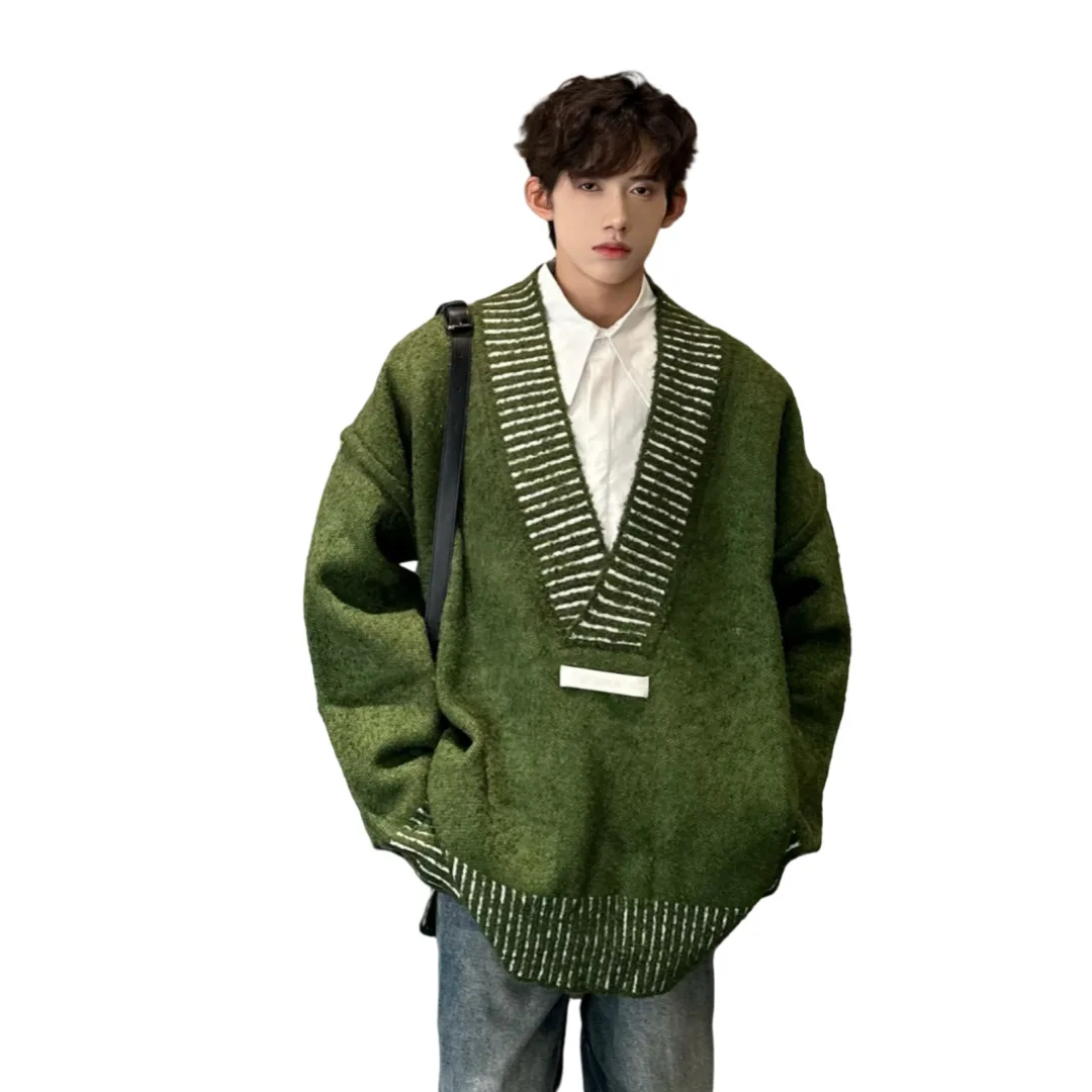 Men's Apricot V Neck Sweater Vintage Lazy Style Low Cut Outerwear Premium Couple Knitwear