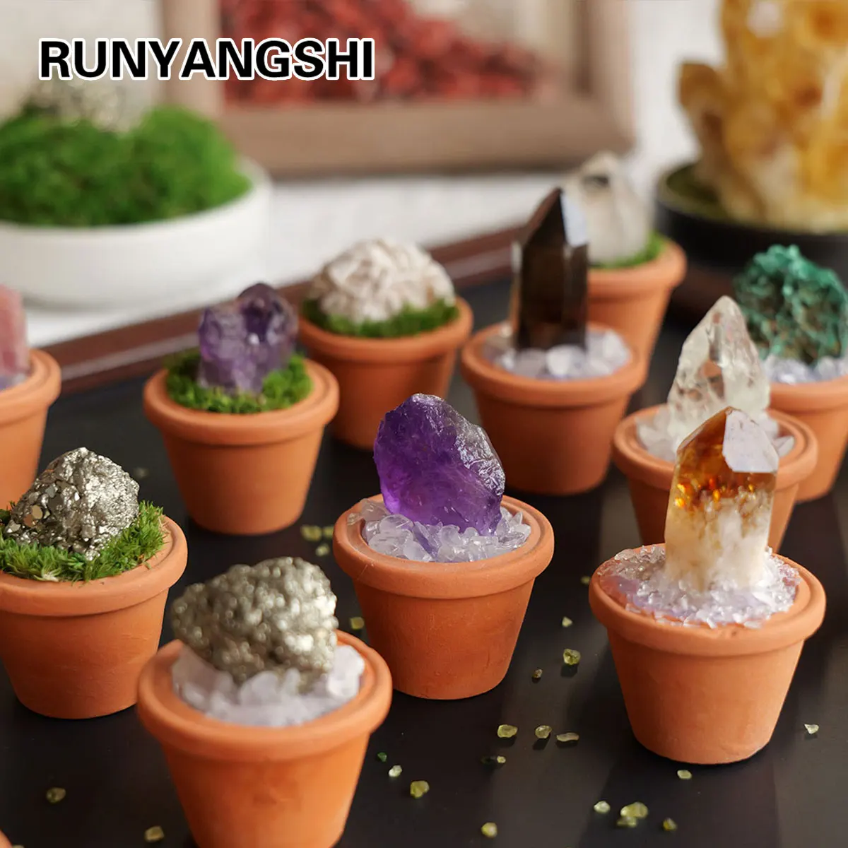 Mini Pot en argile avec pierres de cristal naturelles, Base, améthyste, Quartz, pierres précieuses de guérison, Style plante en Pot, artisanat, décoration de maison Feng Shui, 1 pièce