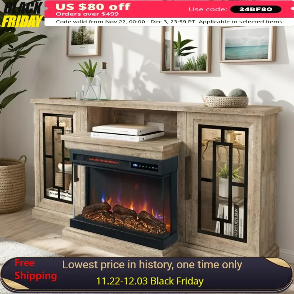 59’’Fireplace TV Stand，3-Side Glass, Entertainment Center Console ，for TVs Up To 65’’，Adjustable Color, Electric Fireplace