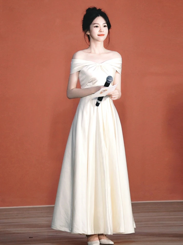 

Ele One-oulder Host Dr Luxury mat Birthday Par Gown Ladylike Art Exam Evening Dr Long A-Line Skirt