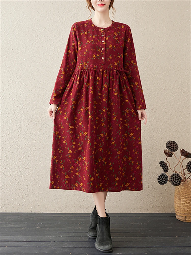 Long Sleeve Cotton Linen Vintage Floral Print Dresses For Women 2024 New Spring Autumn Casual Dress Robe Femme Elegant Clothing