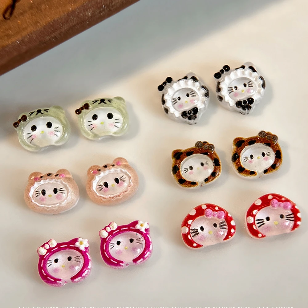 10Pcs 3D Leopard Print Hello Kitty Nail Charm DIY Resin KT Cat Head Hat Rhinestone DIY Nail Art Decoration Manicure Crafts