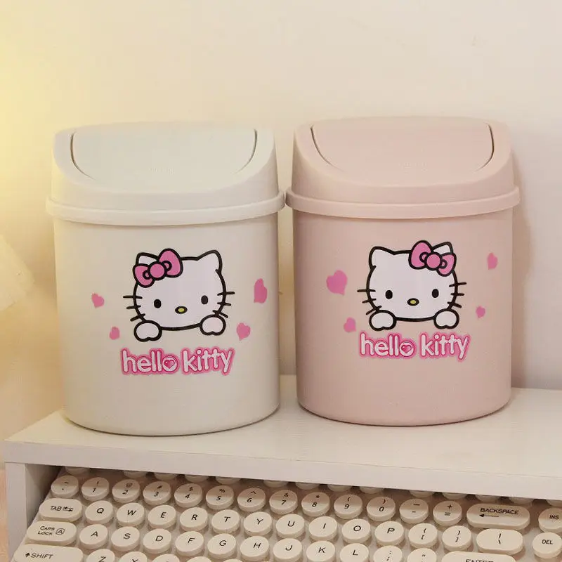 Sanrio Kawaii Creative Trash Can for Home Living Room Simple Small Paper Basket with Lid Desktop Mini Flip-Top Plastic Trash Can