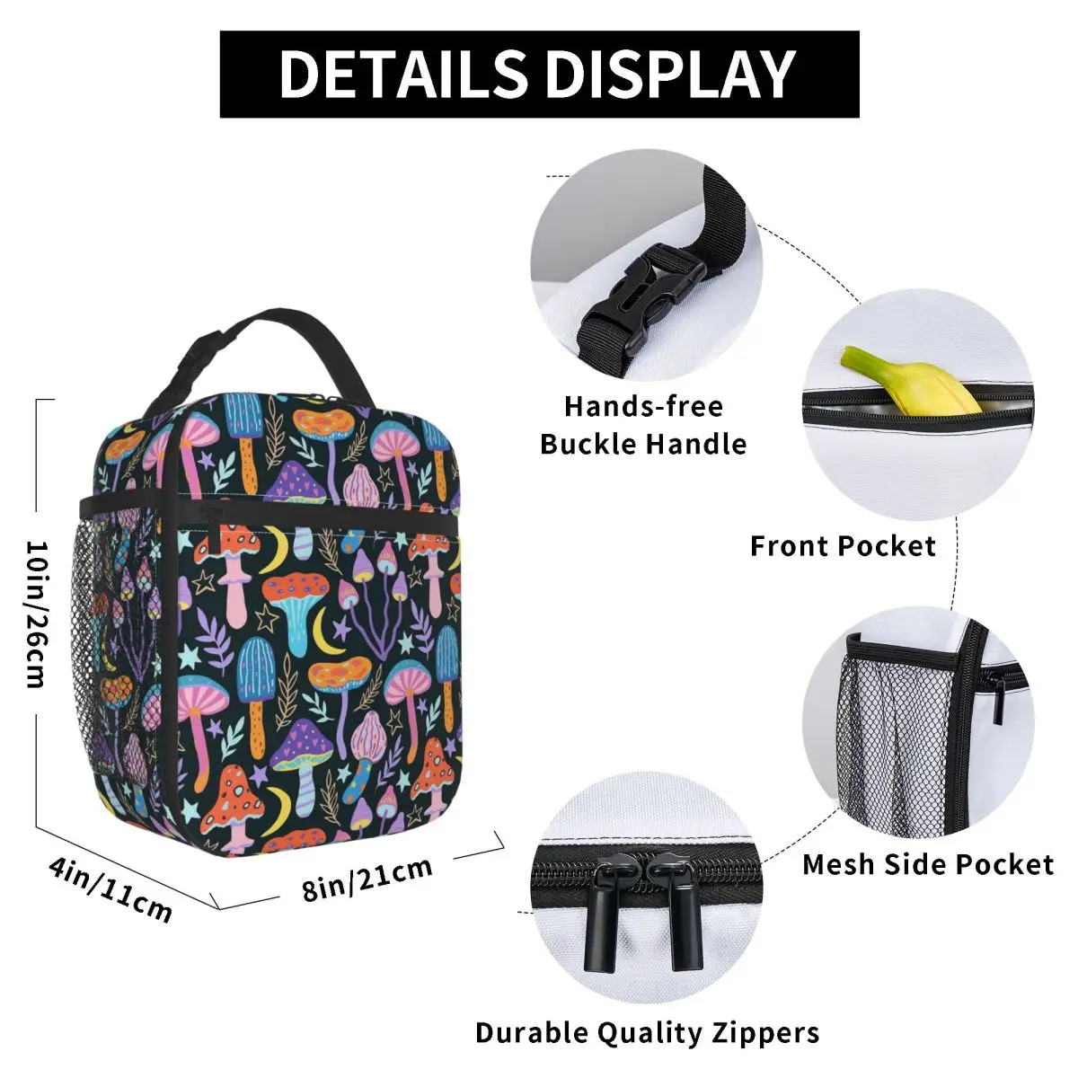 Plant Mushroom Pattern Insulated Lunch Bag for Women Office Cooler Thermal Food Box Tote Portable Lunch Boxes Container