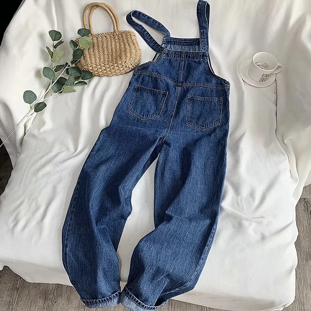 

Vintage High Waist Blue Denim Pants Women Overalls Casual Straight Loose Jeans Female Jumpsuit All-match Suspender Trousers