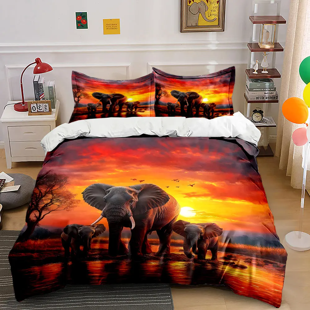 

3pcs African scenery Elephant Herd at Sunset Print Bedding Set 1 Duvet Cover 2 Pillowcases for Adult and Children Luxury Gift