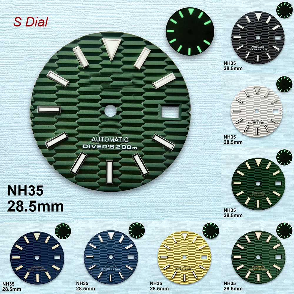 

28.5mm S Logo SKX007 Slope Dial Fit NH35/NH36/4R/7S Japanese Movement Green Luminous High-Quality Watch Modification Accessories