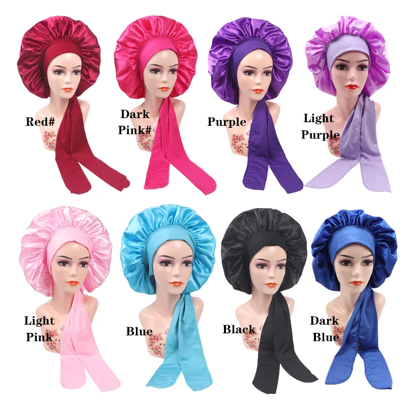 Personalizar Cetim Bonnet com Logo, Jumbo Silk Hair, Bonnet para dormir, Stretchy Tie Band, Long Curly Braid Hair, 10pcs