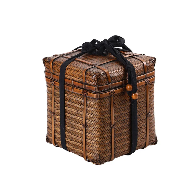 Chinese Bamboo Weaving Square Storage Box For Old Tea Cage Tea Ceremony Accessories Portable Spring Outing Picnic Basket