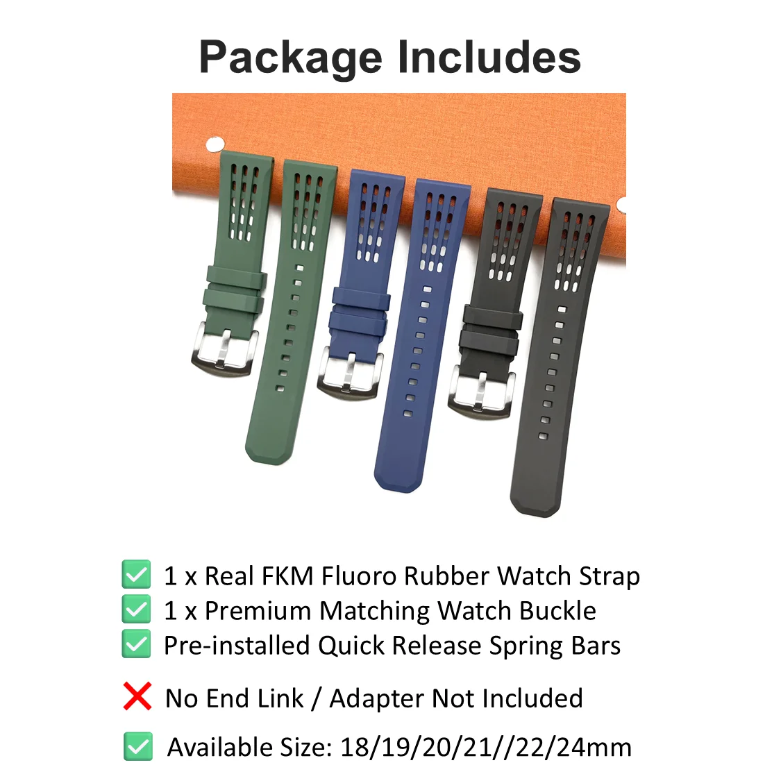 Premium Tropical FKM Rubber Straps 18mm 19mm 20mm 21mm 22mm 24mm Quick Release Perfect Fit Flat End Universal Watch Strap
