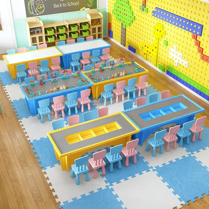 Solid wood building block table shopping mall with multi-functional children's assembly educational toy game large