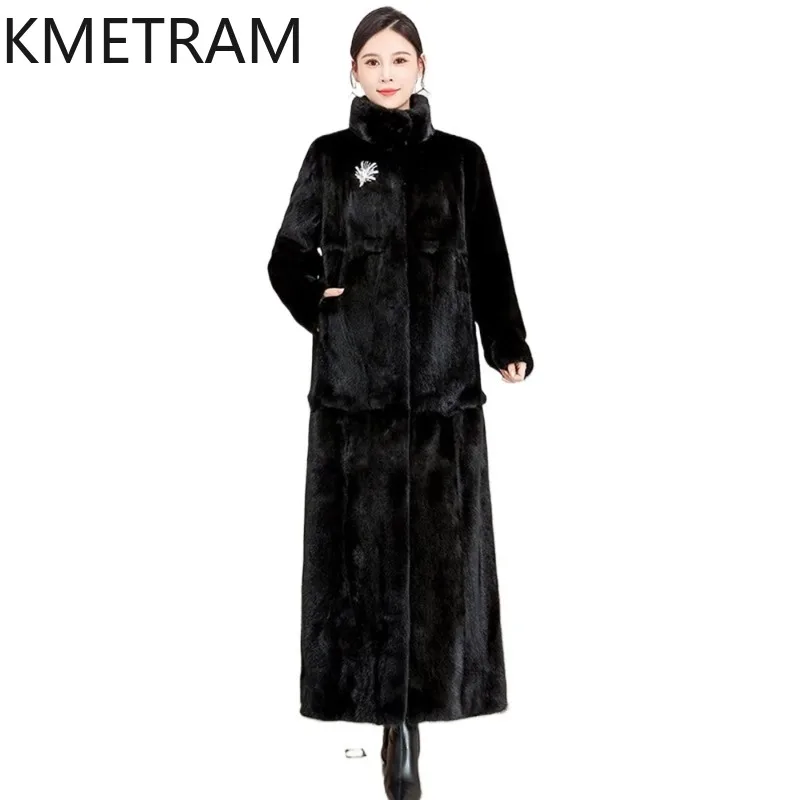 KMETRAM Whole Mink Fur Jacket Women Winter Coats Luxury Overcoat Black Extra Long Real Fur Coat 130cm Plus Size Woman Clothing