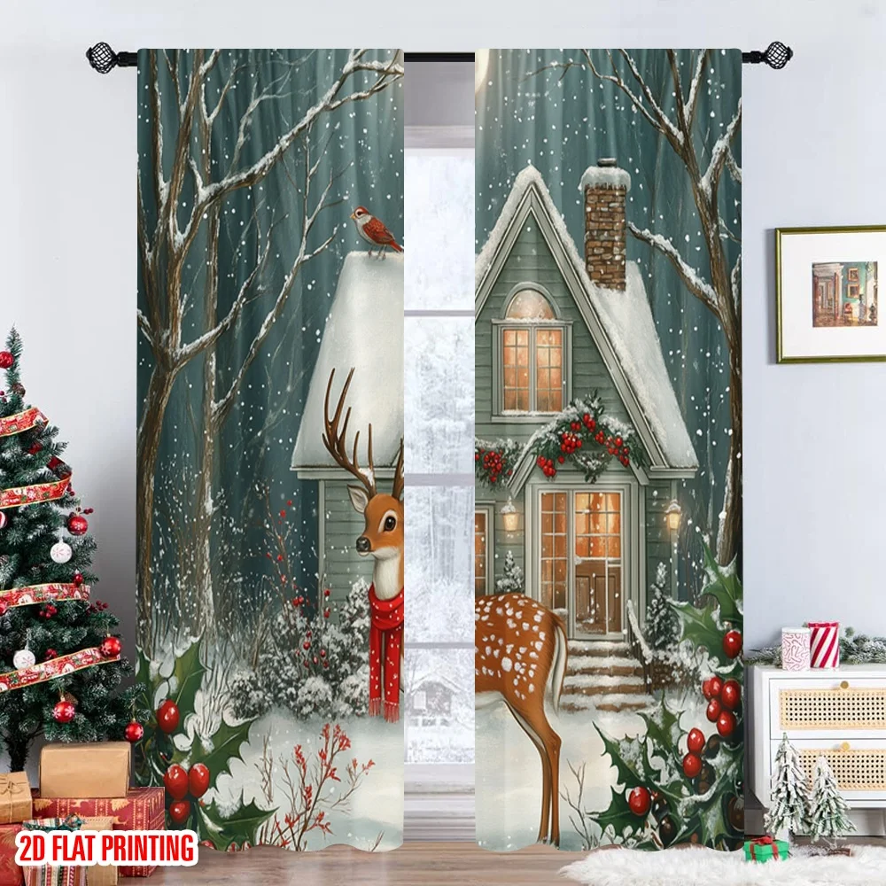 2 قطعة 2D الطباعة المسطحة حفلة عيد الميلاد الستار الغزلان الكاردينالز منزل ثلجي (3) النسيج بدون كهرباء عطلة احتفالية الكمال