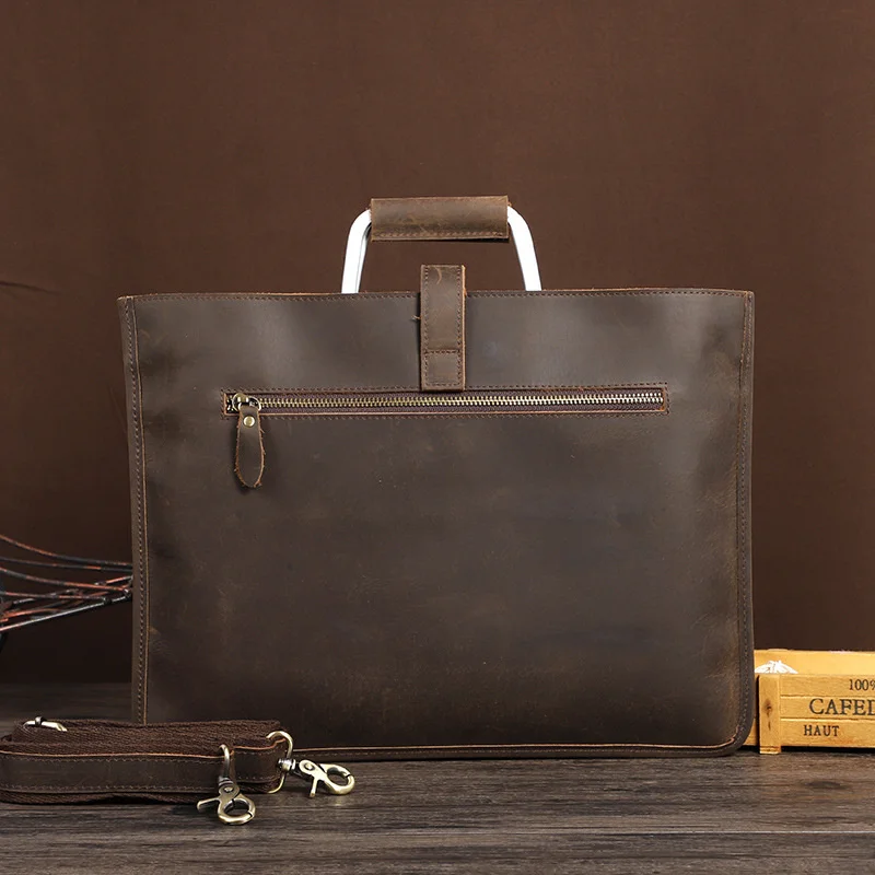 Vintage crazy horse leather men's bag briefcase brand designer laptop iPad file s man messenger bolso hombre