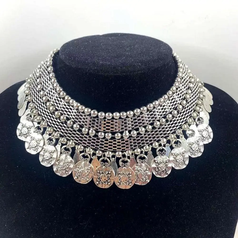 Silver Color Vintage Necklaces Geometric Shape Alloy Chunky Necklaces Coin Pendant Tassel Design Turkish Necklaces Boho Style view 5