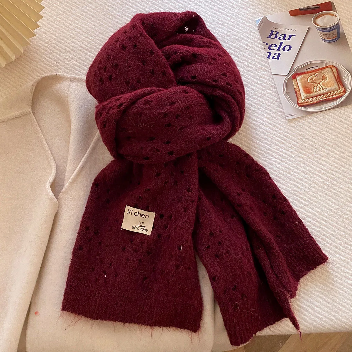 Ladies Solid Hollow Knitted Shawl Soft Warm Breathable Neck Scarf Hollowout Texture Design Versatile Neck Wrap For Winter