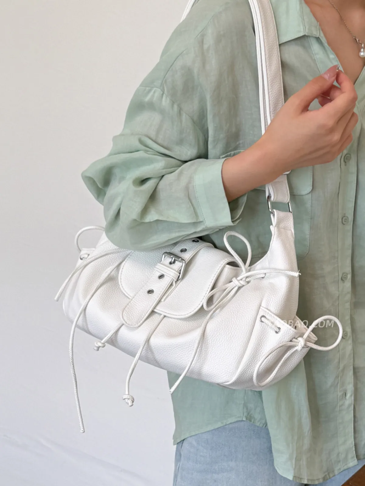 Women Metallic Silver Soft PU Shoulder Bag Drawstring Buckle Decor Casual Crossbody Bag Adjustable Strap Daily Handbag
