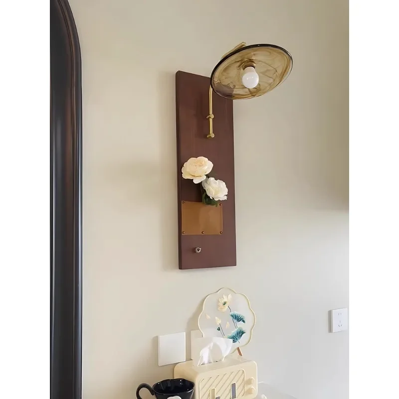 Retro bedside entrance aisle B & B cafe wooden board wiring-free wall lamp