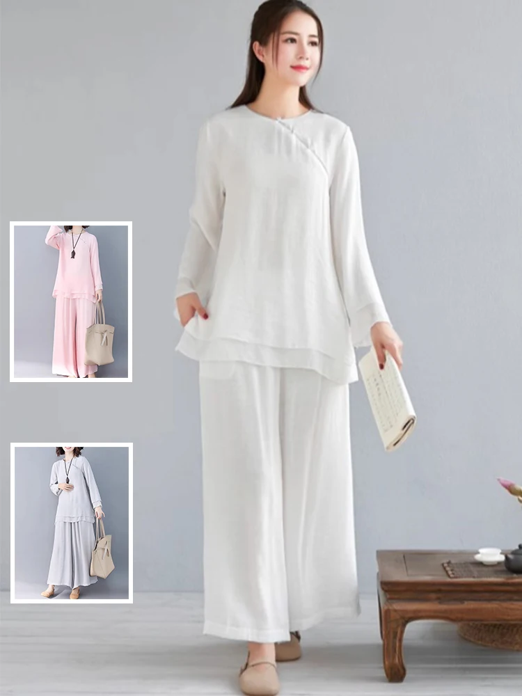 

Шикарный хлопковый льняной круглый комплект для йоги Ne Long Sve, женский наряд для медитации в стиле дзен, прямые брюки, летний ансамбль Faion