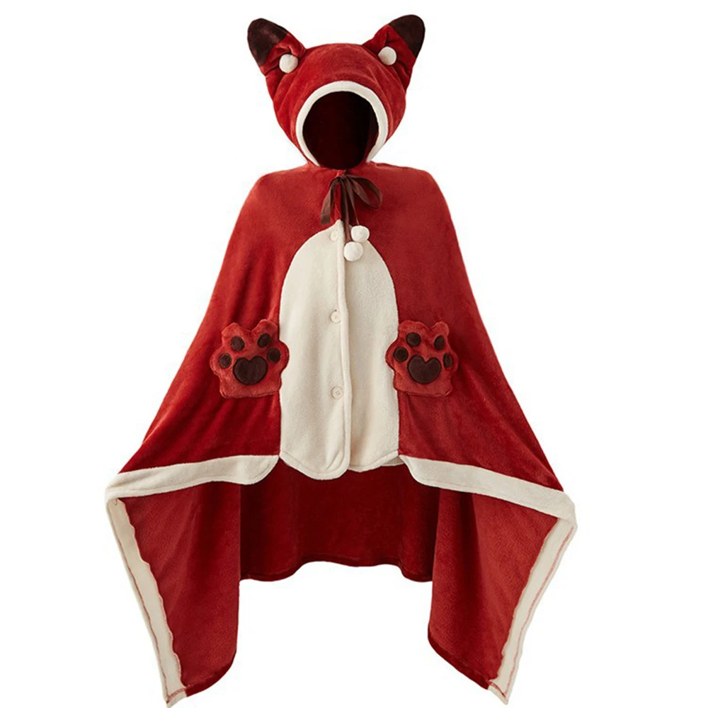 

Fox Cosplay Hooded Shawl Blanket Soft Thick Flannel Cute Cartoon Cape Women‘s Winter Cloak Nightgown Halloween Christmas Nighty