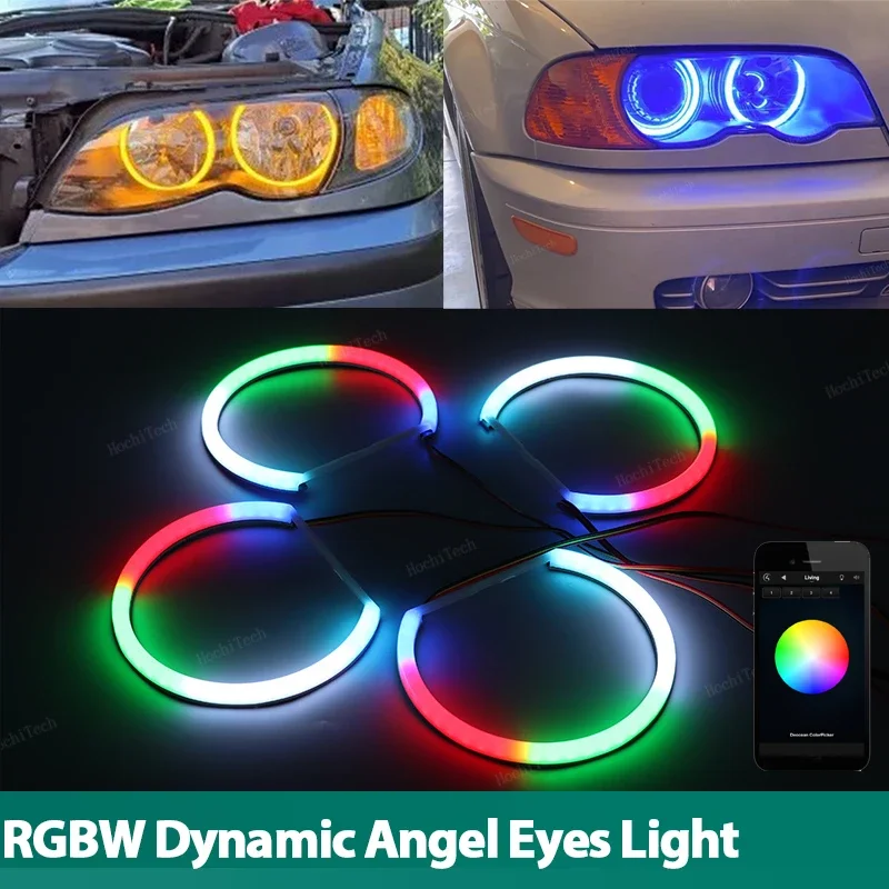 4x Cotton  Ring Angel Eyes RGBW Colorful Dynamic Mobile phone control for BMW E46 1998-2002 Revolving Sequential Flowing