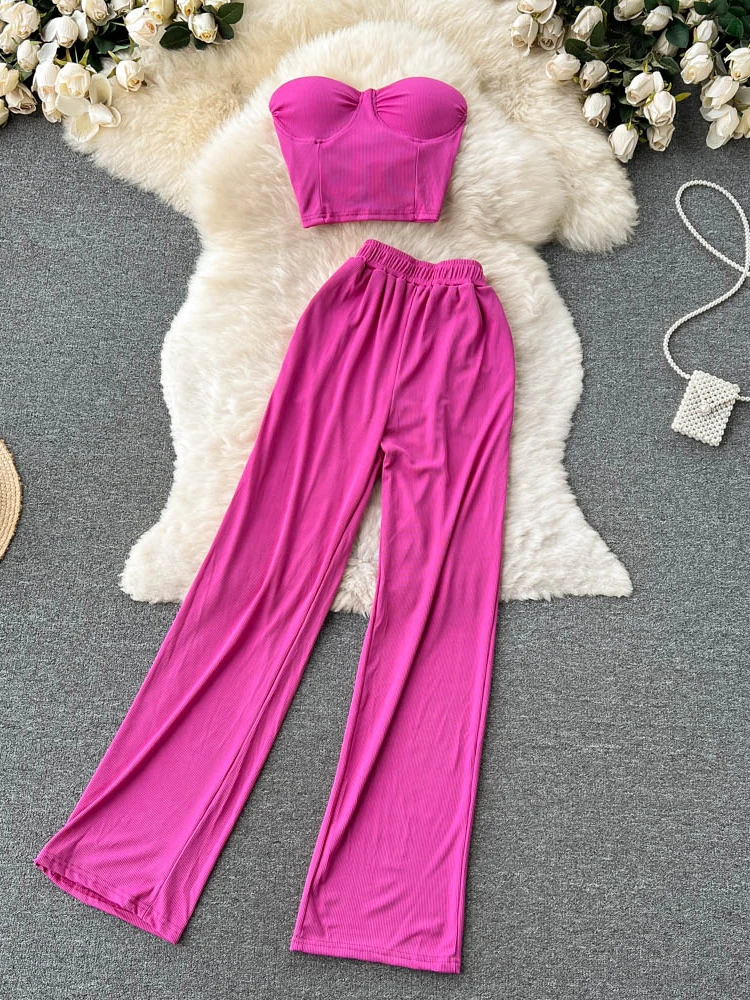 Summer Sexy Two Piece Set Women Pants Suit Strapless Camis Tops & High Waist Loose Pants New Fashion Y2k Suit