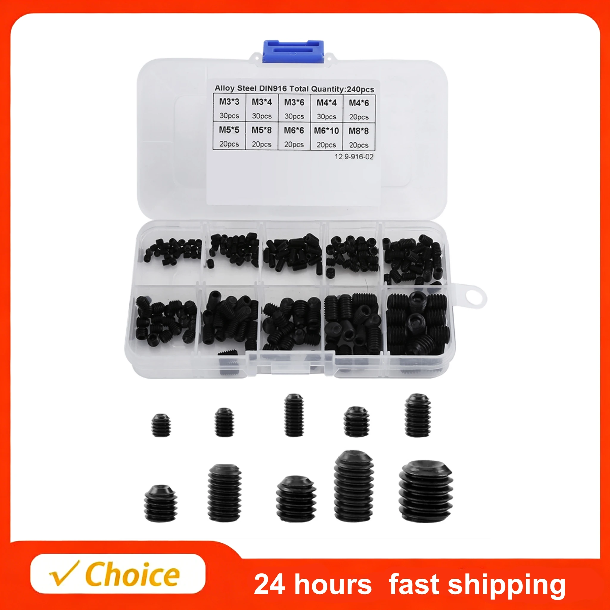240Pcs/Box DIN916 M3-M8 Socket Screw Assortment Allen Head Socket Hex Set Bolt Assortment Nut Assortment Grub Screw Box Kit