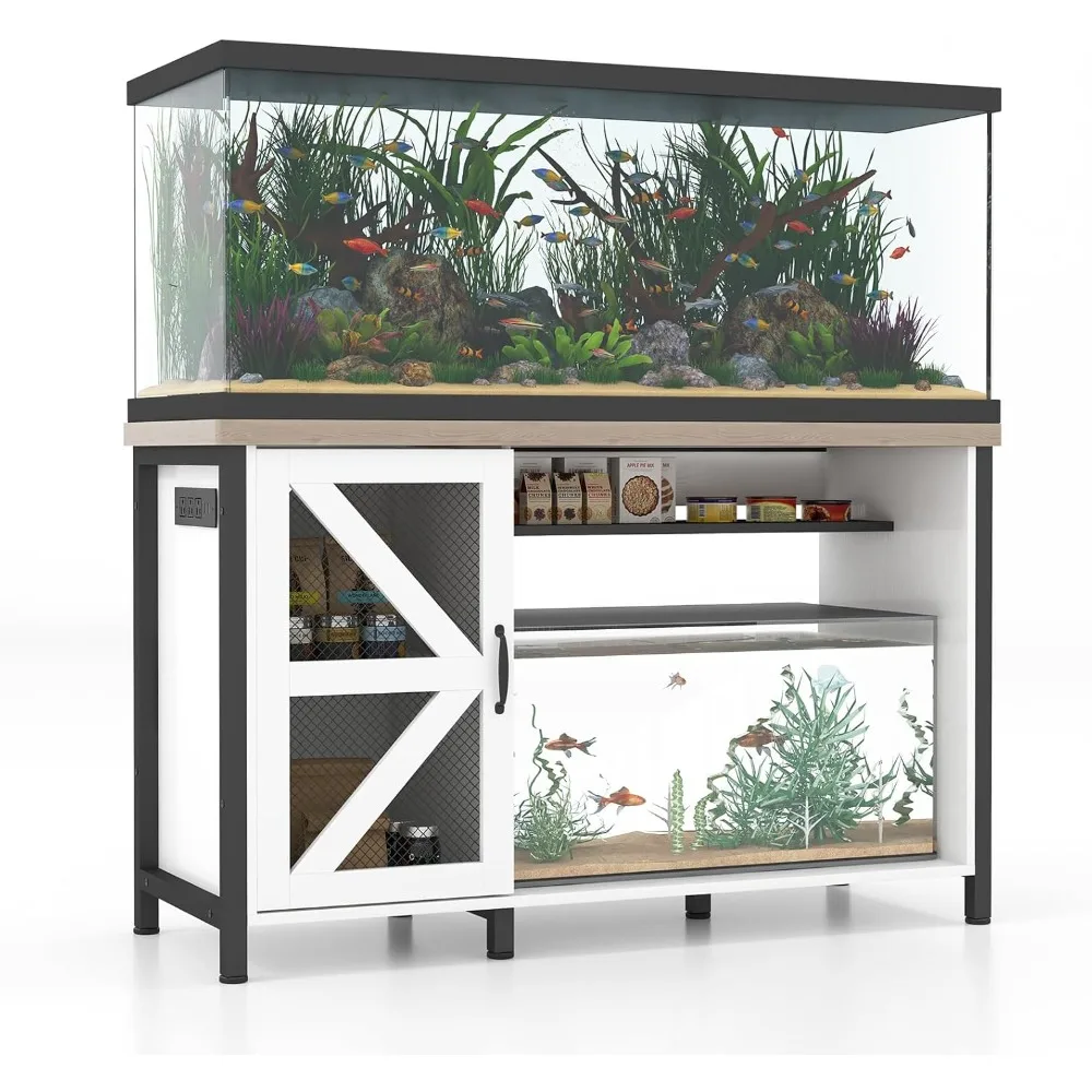 

55-75 Gallon Aquarium Stand with Cabinet, Fish Tank Cabinet with Power Outlets & LED Light, Modern Turtle Tank Stand