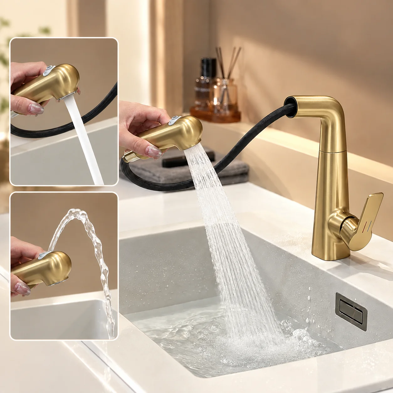 Modern Bathroom Faucet Luxury Brass Basin Faucet Deck Mounted Pull Out Washbasin Water Taps Lavatory Vessel Mixer Sink Faucet