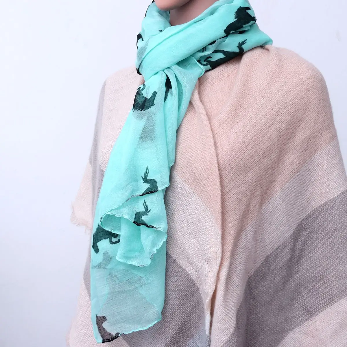 Running Horse Voile Women Shawl 180x110cm Women Long Scarf Blue Soft Thin Large Size Lady Wrap Scarves Seasons