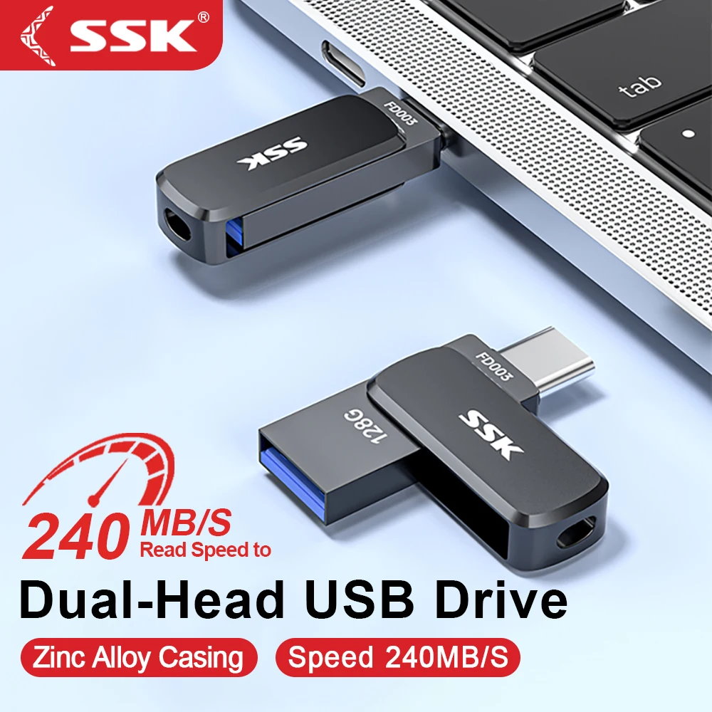 

SSK Dual USB Flash Drive 64 ГБ, 128 ГБ, 256 ГБ, большой накопитель с памятью Type-C и USB A USB для смартфонов, планшетов, ноутбуков Mac