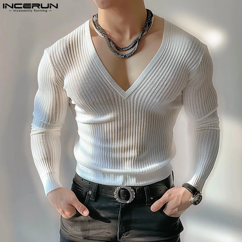 INCERUN Men\'s T Shirt V Neck Long Sleeve Knitted Solid Color Men Clothing Streetwear 2024 Fitness Fashion Casual Male Tee Tops