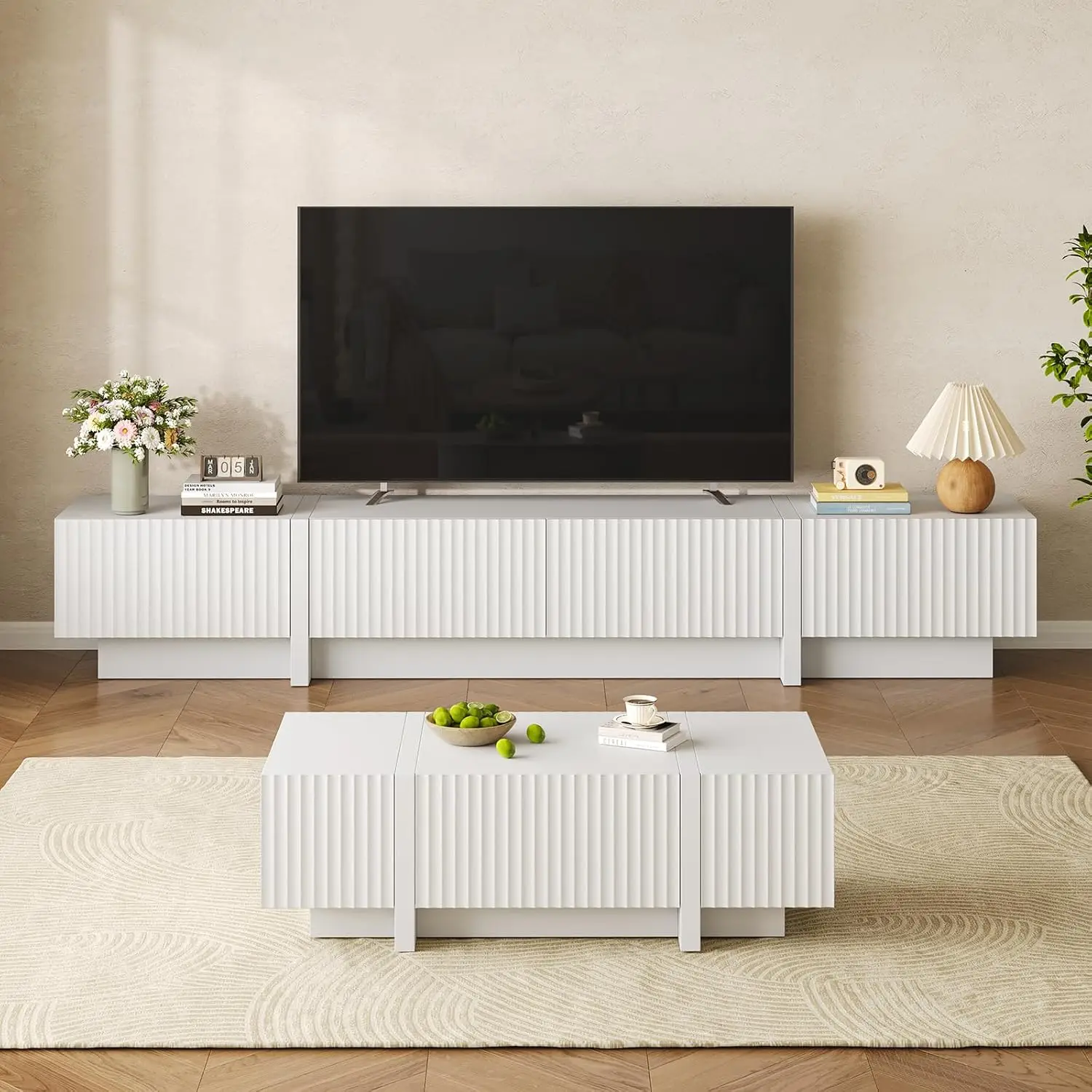 Fluted TV Stand & Coffee Table Set Rectangular White, Customized