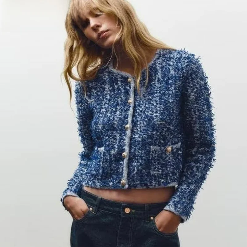 

Spring New Arrival Women's Knitted Jaet round Ne Long Sve Button Decor Interwoven Straight Cut Commute Sle Outerwear