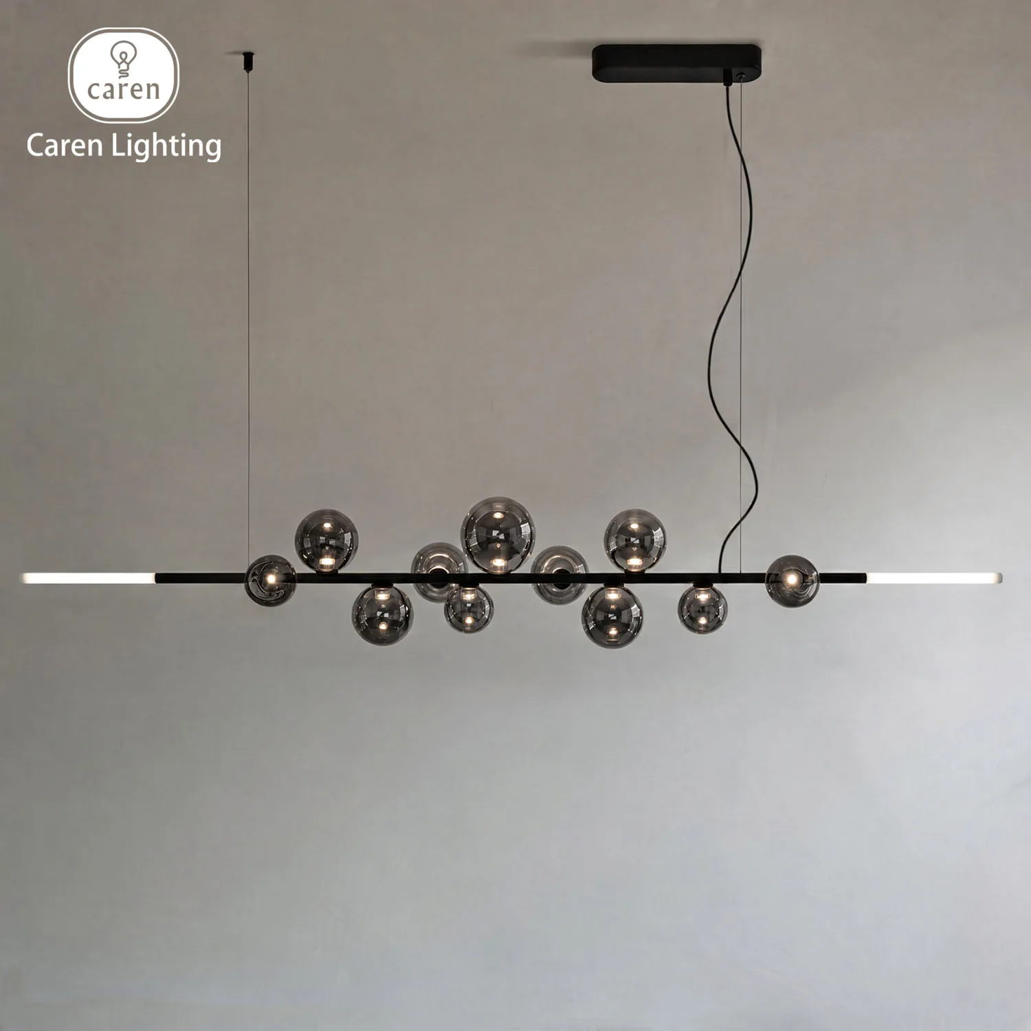 Caren Modern Linear Glass Globe Chandelier LED Kitchen Island Light 7 Scattered Bubbles Acrylic Glow Ends Contemporary Black