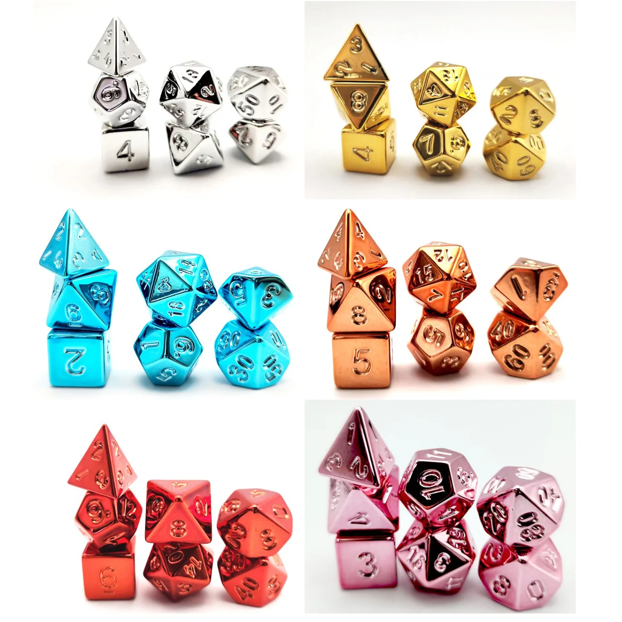 Set di dadi elettrolitici da 7 pezzi disponibili in 6 colori: rosso, rosa, giallo, bronzo, bianco argento e blu
